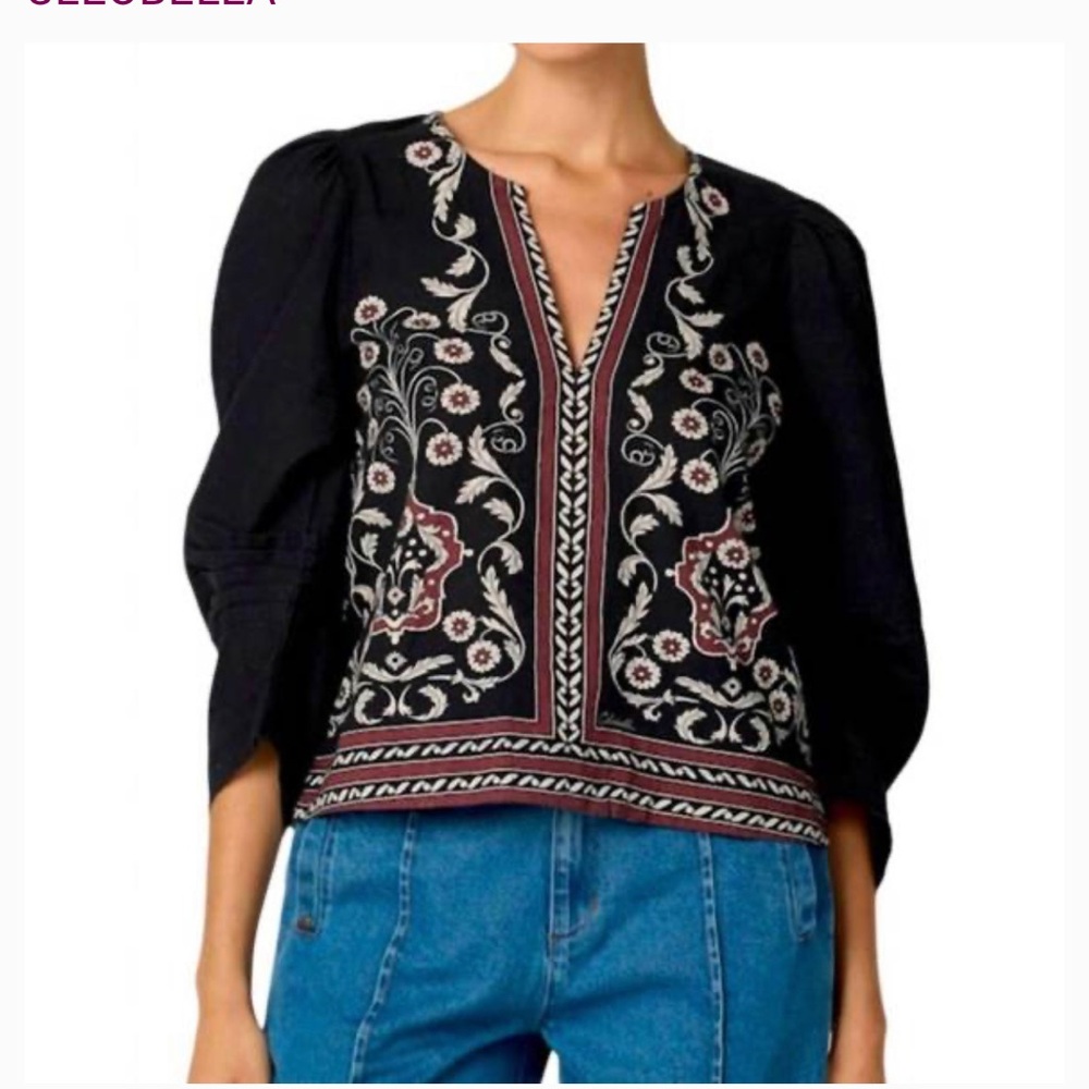 Cleobella Farrah Puff Sleeve Black Graphic Blouse‎ M